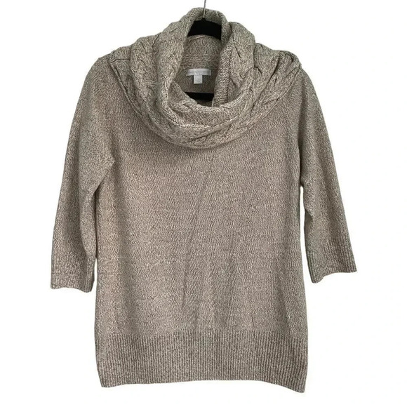 New York & Company Three Quarter Sleeve Knit Braided Turtleneck Tan Sweater M - Picture 2 of 11
